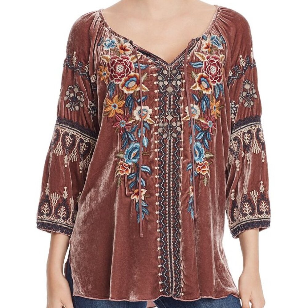 Johnny Was Eleni Embroidered Velvet Peasant Top